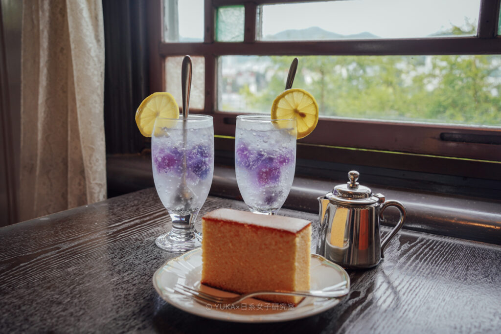 長崎哥拉巴園自由亭喫茶室：長崎蛋糕+繡球花果凍氣泡飲
